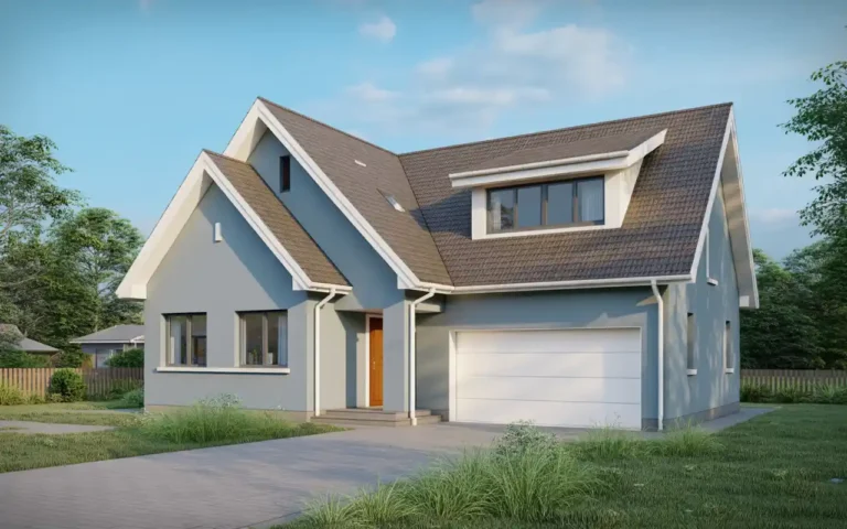 Light gray house with cool brown roof showing ideal cool-toned paint color pairing with white trim and modern design