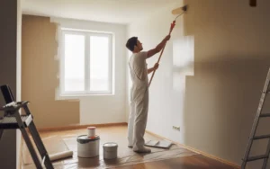Professional painter rolling white paint on wall showing how much does it cost to paint a 12x12 room with visible transformation and painting supplies
