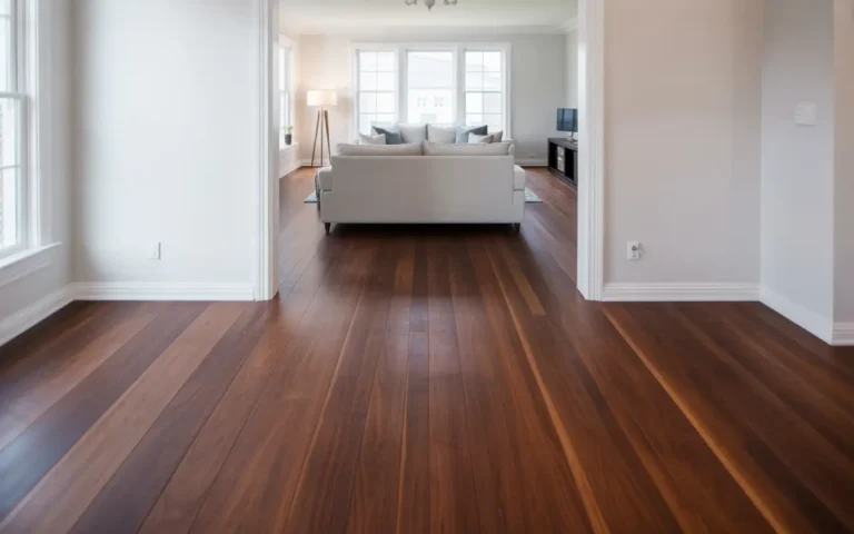Dark wood floors with white walls in modern living room showing contrast between rich walnut hardwood and crisp white paint creating bright airy space