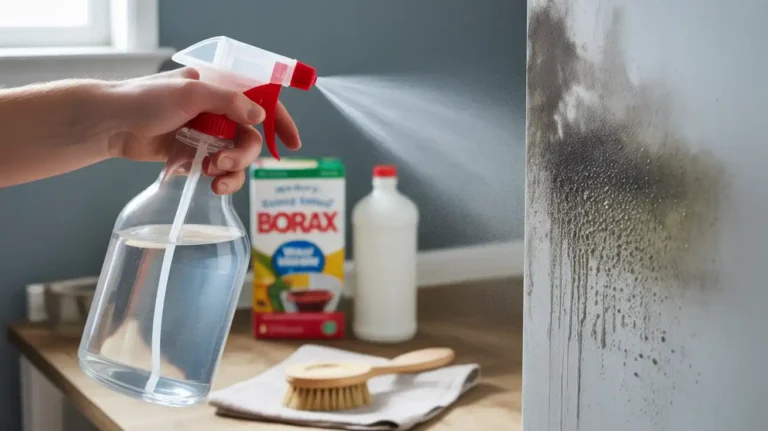 Hand spraying homemade DIY mold killer solution from spray bottle onto black mold on painted wall with borax and vinegar bottles visible in background