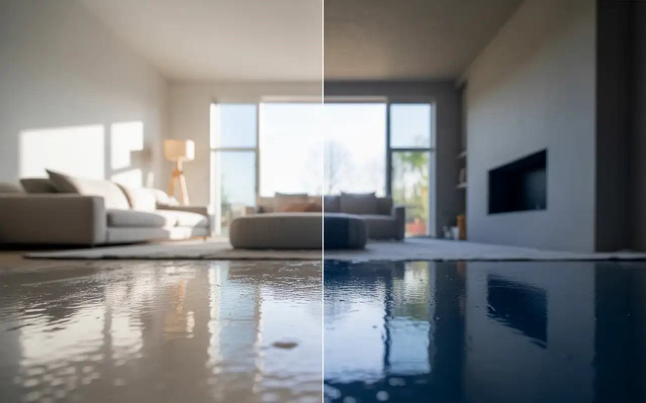 Visual comparison showing how paint color appears different when dry - lighter beige versus darker gray in the same lighting conditions.