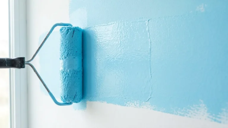 Does paint dry darker or lighter, blue paint roller applying wet latex paint on white wall
