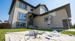 Professional painter on ladder demonstrating exterior house painting cost factors including labor and home size on modern two-story home