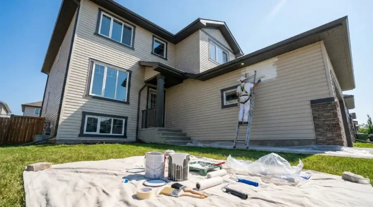 Professional painter on ladder demonstrating exterior house painting cost factors including labor and home size on modern two-story home