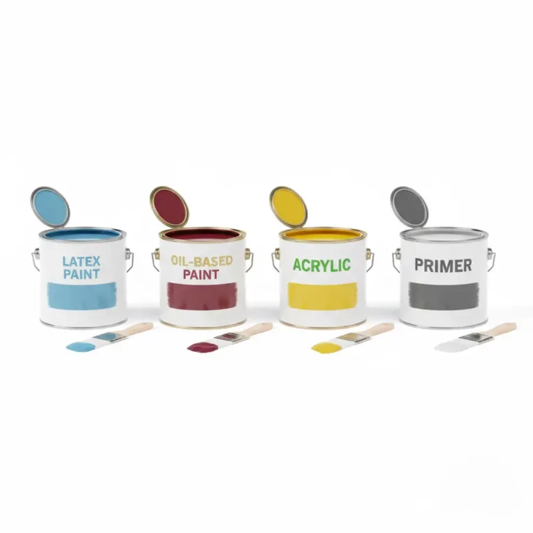 Four paint cans showing latex paint, oil-based paint, acrylic paint, and primer with color swatches demonstrating factors that impact paint drying.