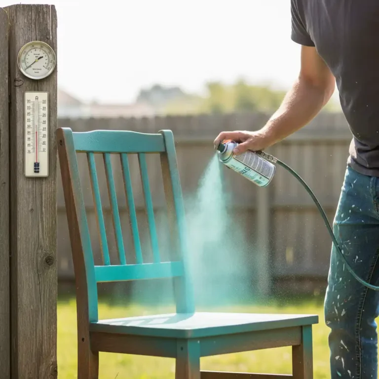 Man spray painting a wooden chair outdoors with thermometer and humidity gauge visible in background