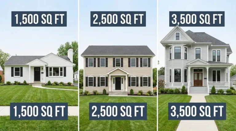 Three home sizes comparison showing 1,500, 2,500, and 3,500 square foot houses demonstrating how square footage affects exterior painting costs