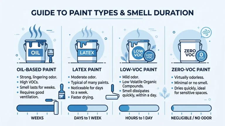 Chart showing how long paint fumes last for oil-based paint, latex paint, low-VOC paint, and zero-VOC paint, including paint odor duration, VOC levels, drying time, and tips for reducing paint smell indoors.