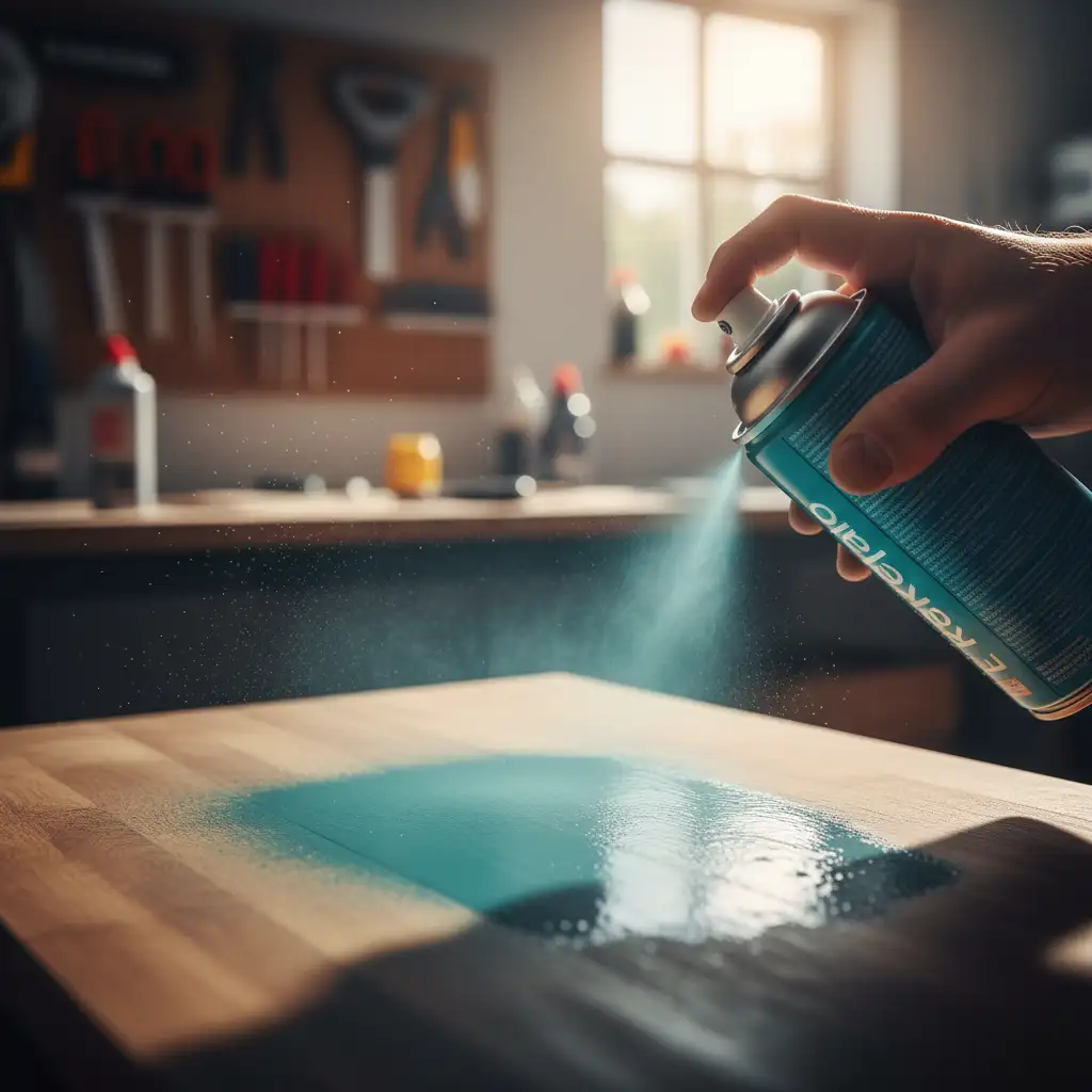 How long does it take for spray paint to dry — hand spray painting a wooden surface with teal paint mist visible in a workshop