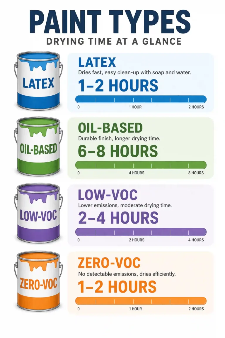 Infographic showing paint types drying time — latex, oil-based, low-VOC, and zero-VOC paint smell duration comparison
