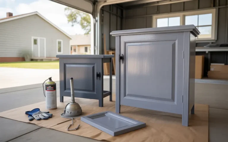 Spray painted furniture drying in garage showing how long does it take for spray paint to dry on wood surfaces.