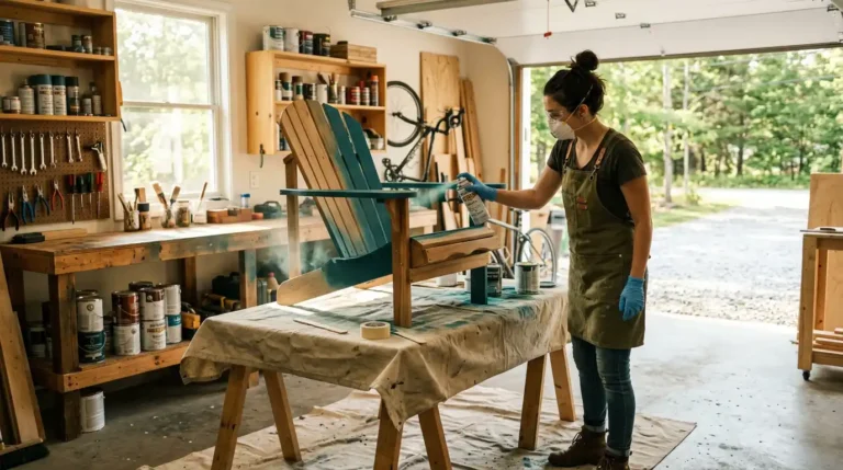 Woman spray painting a wooden Adirondack chair in a garage showing how long does it take for spray paint to dry on wood surfaces
