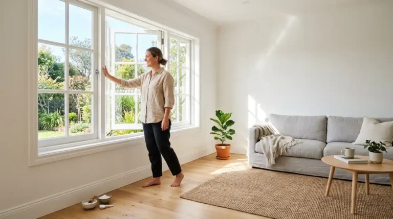 Woman opening window to get rid of paint smell in a bright freshly painted living room