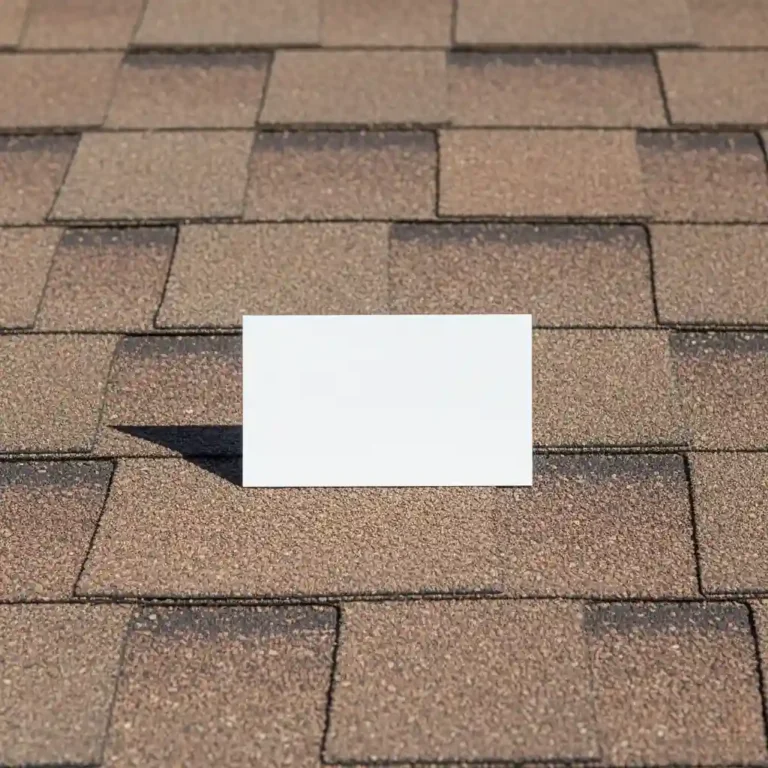 White paper swatch held against brown asphalt shingles in natural daylight to identify roof undertones before choosing paint