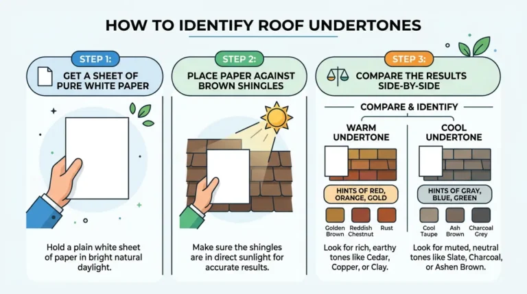 Three-step infographic showing how to identify brown roof undertones using a white paper test warm vs cool undertone comparison with color swatches