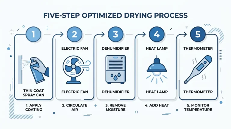 Five-step infographic showing how to make spray paint dry faster — apply thin coat, circulate air with fan, remove moisture with dehumidifier, add heat lamp, monitor temperature