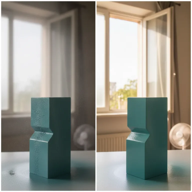 Side by side comparison of spray painted object drying slowly in humid room versus drying faster in ventilated room with open window and fan