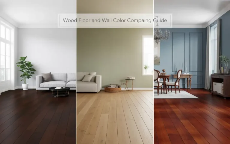 How to match wall color with wood floor guide showing dark espresso floors with white walls, light oak floors with beige walls, and cherry red floors with blue walls