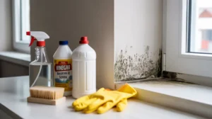 Cleaning supplies including spray bottle, vinegar, and baking soda arranged on counter with visible mold on painted walls in background showing how to remove mold from painted walls