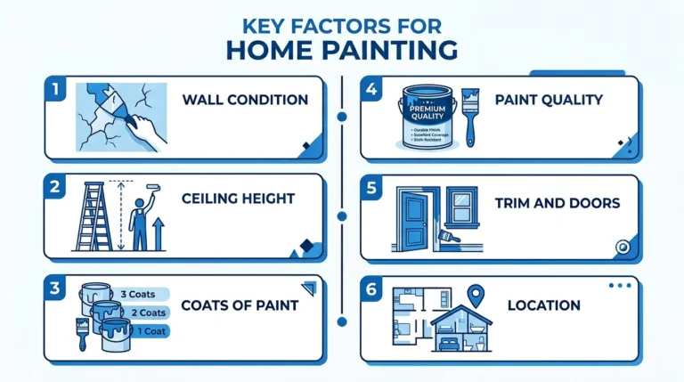Infographic showing 6 key factors that influence the cost to paint a 12x12 room including wall condition, ceiling height, coats of paint, paint quality, trim and doors, and location