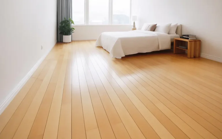 Light wood flooring in minimalist bedroom with white walls creating bright airy Scandinavian style space with natural maple hardwood
