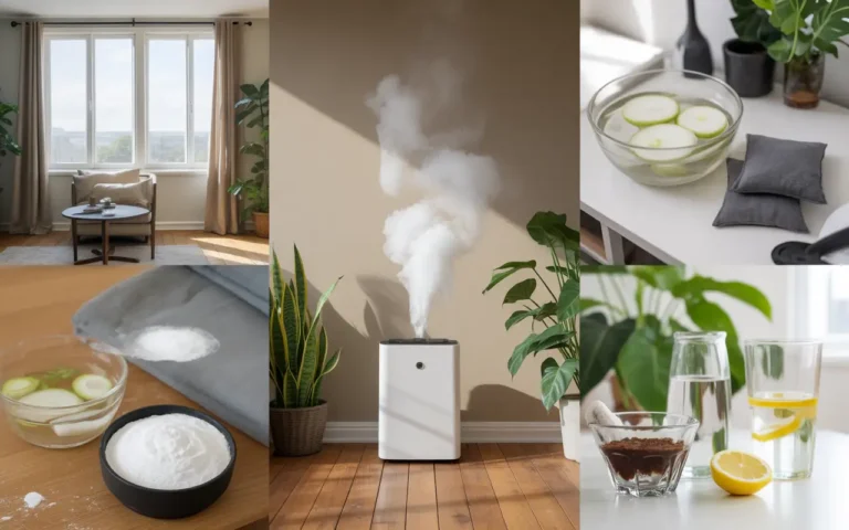 Natural paint smell removal methods including open windows, air purifier, baking soda bowls, lemon water, and charcoal pouches in freshly painted room