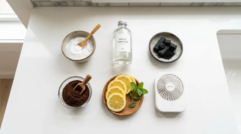 Natural remedies to remove paint smell including baking soda, white vinegar, activated charcoal, coffee grounds, lemon slices, and a fan