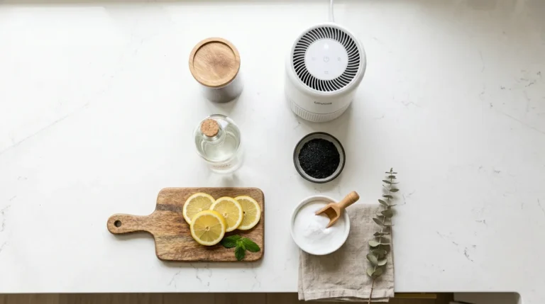 Natural paint odor removal methods including baking soda, white vinegar, activated charcoal, lemon slices, and a HEPA air purifier used to remove paint smell, absorb paint odors, and improve indoor air quality after painting.