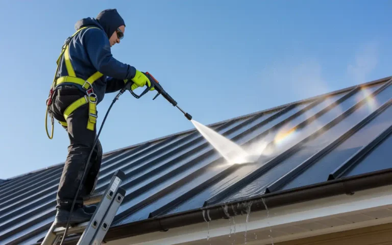Worker pressure washing metal roof to remove dirt and debris before painting metal roof preparation step