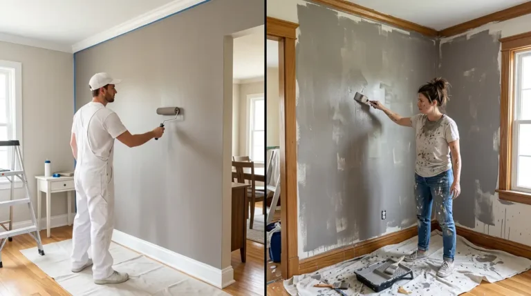 Split image comparing professional painter in white uniform with clean wall finish versus DIY homeowner with uneven paint and drips showing the difference in room painting quality and cost