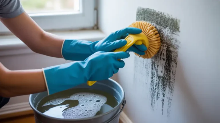 Person wearing blue rubber gloves scrubbing black mold off white painted wall with yellow brush and soapy water bucket demonstrating mild detergent cleaning method