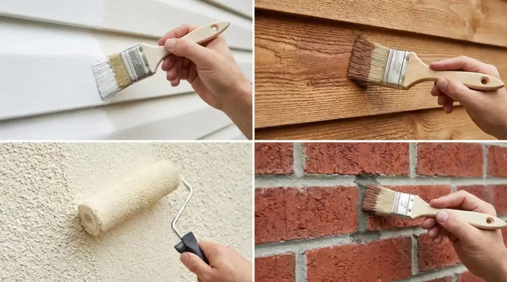 Four different siding types being painted - vinyl, wood, stucco, and brick - showing how siding material affects exterior painting costs and techniques