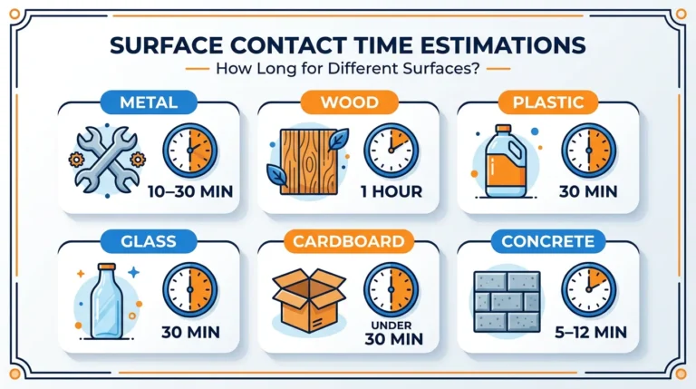 Infographic showing spray paint drying times on 6 surfaces — metal 10–30 min, wood 1 hour, plastic 30 min, glass 30 min, cardboard under 30 min, concrete 5–12 min