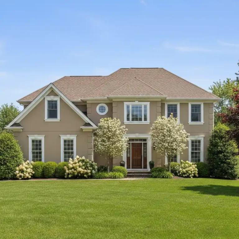 What paint goes with a brown roof — warm taupe two-story home with white trim, brown front door, and lush landscaping