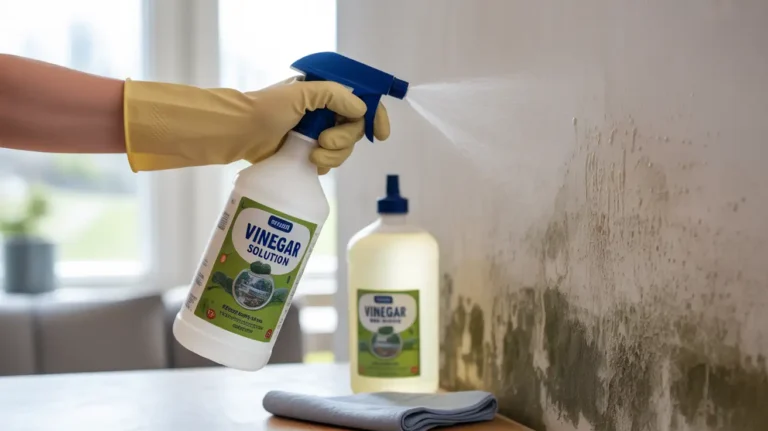 Hand in yellow glove spraying white vinegar solution from labeled spray bottle onto mold-stained painted wall with refill bottle visible on counter