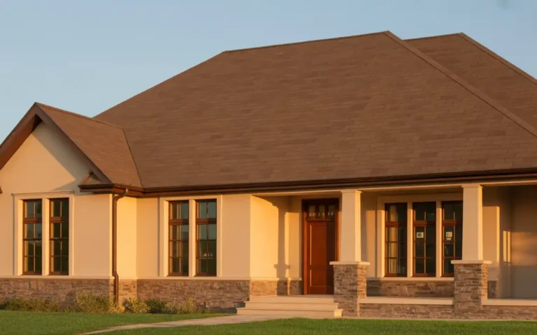 Warm beige house with warm brown roof showing ideal paint color pairing with stone accents and wood trim