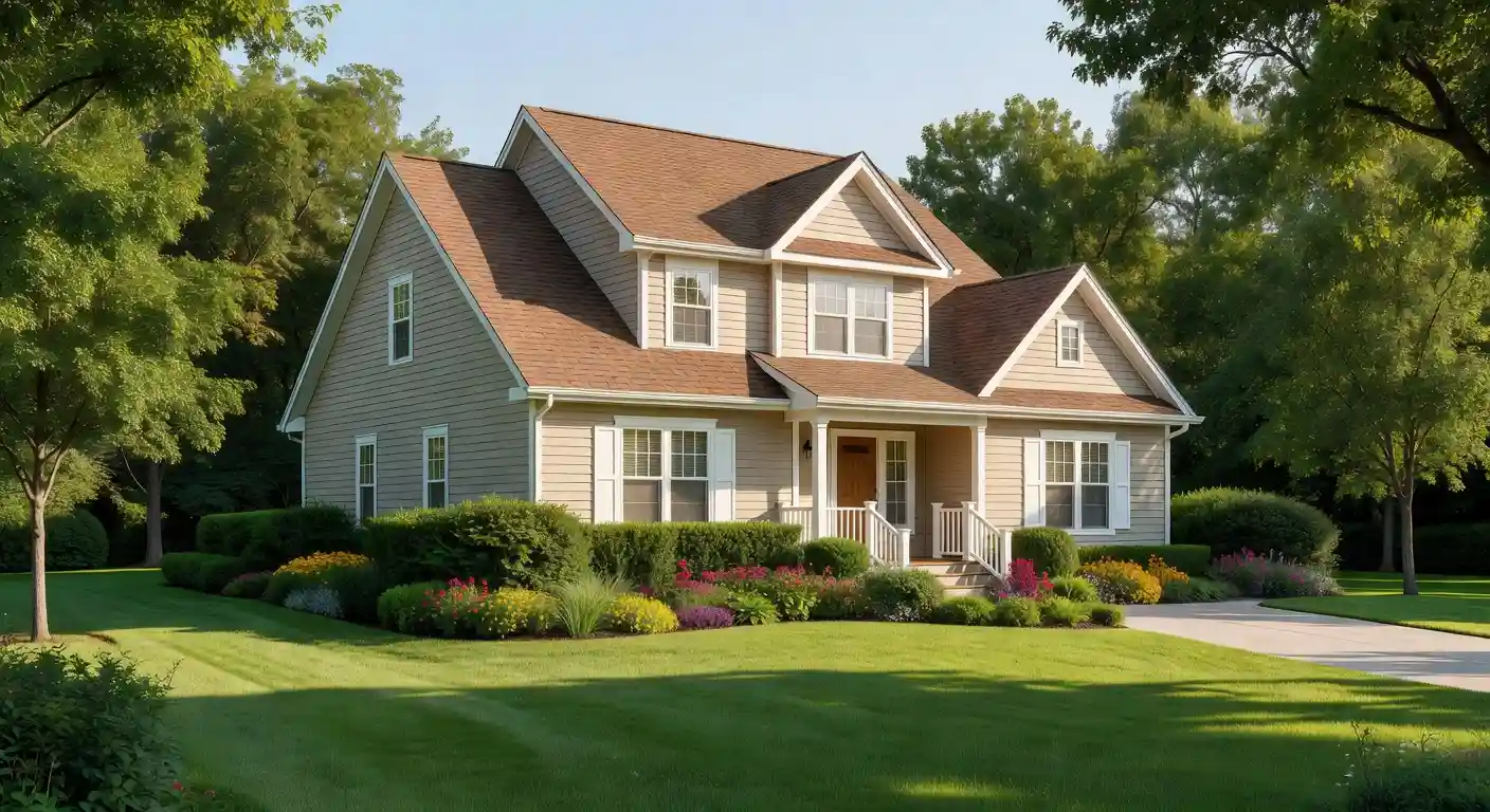 What paint goes with a brown roof — beige siding with white trim and brown asphalt shingles on a two-story craftsman home with green landscaping