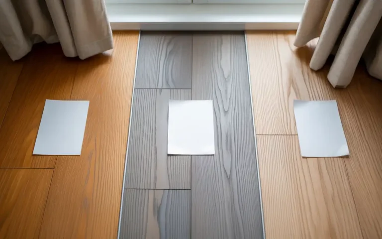 Wood floor undertone comparison showing warm oak, cool gray, and neutral wood samples with white paper test to identify undertones