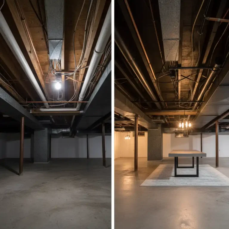 How to Paint Basement Ceiling Black before and after transformation showing exposed pipes and industrial lighting