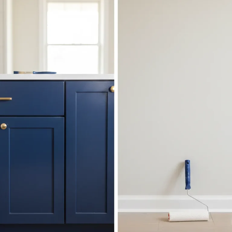 Blue cabinet finished with enamel paint beside wall prepared for latex paint application