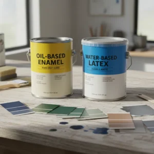 Enamel vs latex paint comparison showing oil-based enamel and water-based latex cans side by side on a workbench