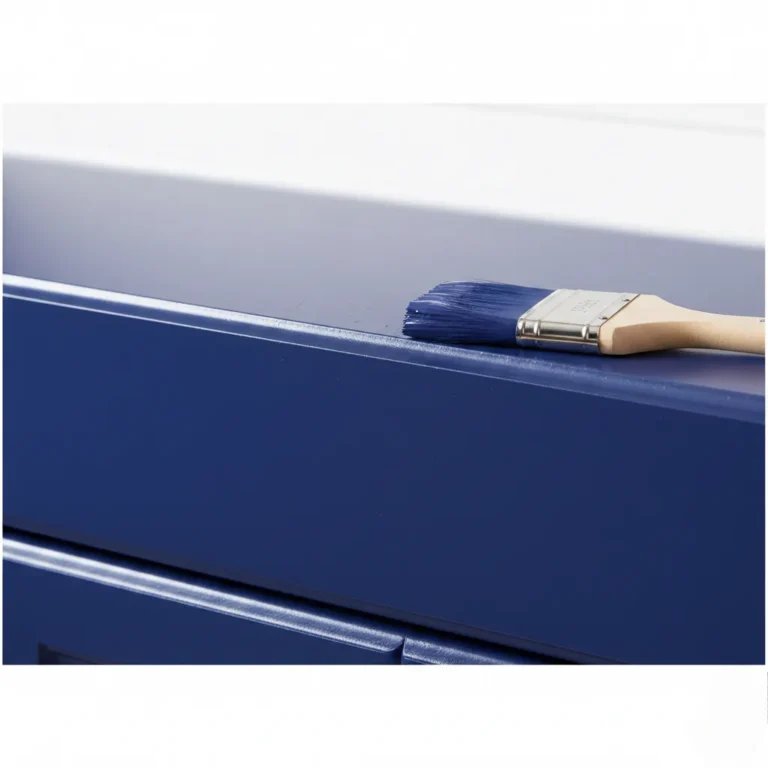 Close-up of brush applying glossy enamel paint on blue cabinet surface