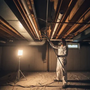 How to Paint Basement Ceiling Black with a roller and respirator mask in an unfinished basement