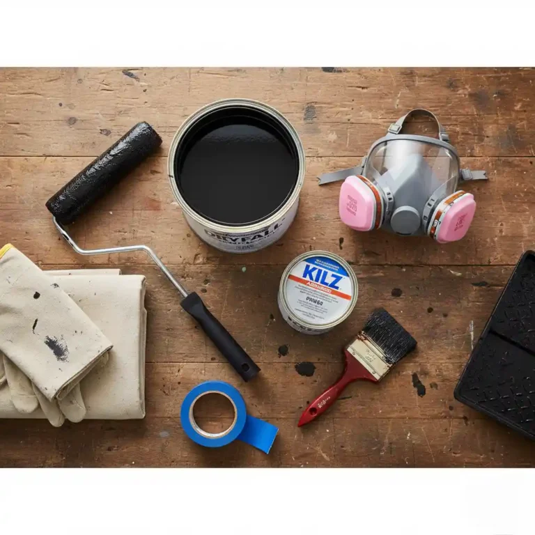Tools and materials needed to paint basement ceiling black including paint roller, KILZ primer, respirator mask, brush and painter's tape