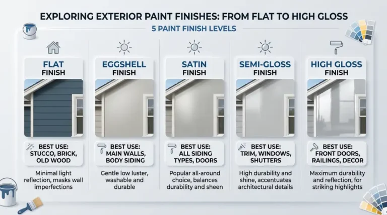 Exterior paint finishes comparison infographic showing 5 sheen levels from flat to high gloss with best use cases for stucco, siding, trim, doors, and railings