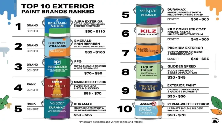 Top 10 exterior paint brands ranked infographic showing Benjamin Moore, Sherwin-Williams, PPG Permanizer, Behr Marquee, Valspar Duramax, and more with price ranges and key benefits