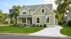 What is the best exterior paint shown on a freshly painted sage green suburban house with a painter on a ladder applying exterior paint in natural sunlight