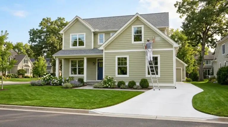 What is the best exterior paint shown on a freshly painted sage green suburban house with a painter on a ladder applying exterior paint in natural sunlight