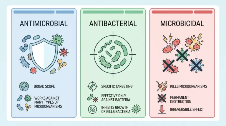 Infographic comparing antimicrobial vs antibacterial vs microbicidal paint showing broad scope, specific targeting, and permanent destruction of bacteria and microbes