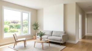 Benefits of interior painting shown in a bright modern living room with freshly painted beige and white walls, natural light, and minimal furniture